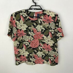 Vintage 1980s Norton McNaughton Blouse Size 8P Multicolor Floral Short Sleeve